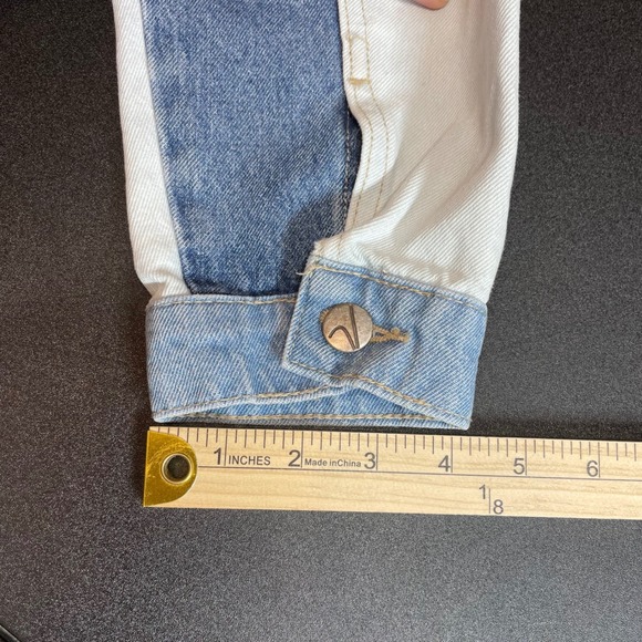 VIGOSS Women's Patchwork Denim Jacket Size L Blue White Long Sleeve Cropped - Picture 11 of 11